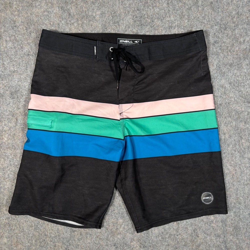 O'Neill Hyperfreak Board Shorts Mens 32 Black Pink Green Blue Striped Swim Trunk